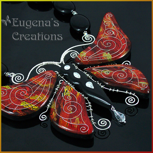 One-of-a-kind necklace with red faux cloisonne butterfly
