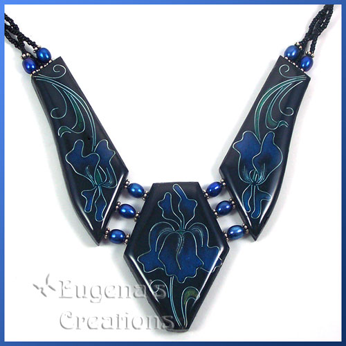 One-of-a-kind necklace with three faux cloisonne focal beads