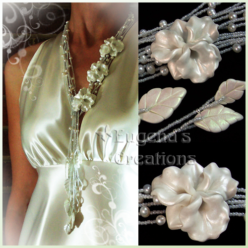 Wedding Lariat Necklace with Polymer Clay Orchids