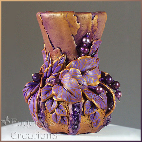 One-of-a-kind polymer clay vase with gemstones and pearls